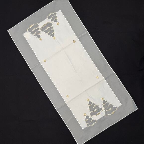 German Embroidered Christmas Tree Table Runner Mat 14x22 Metallic Gold Thread - Picture 2 of 6